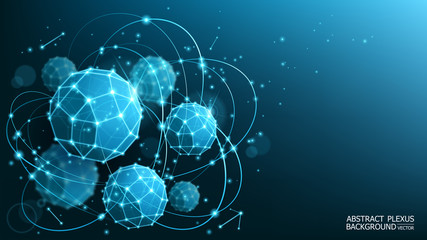 Poster - Modern abstract blue background. Complex geometric shapes. Futuristic 3d polyhedrons. Blur effect. Microbiology and medicine. The genetic structure of an atom. Dots and lines. Vector.