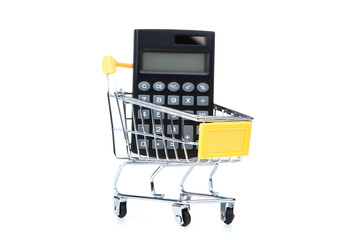 Wall Mural - Small shopping cart with calculator isolated on white background