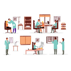 Wall Mural - Medicine and healthcare workers flat illustrations set. Doctors, general practitioners, therapists cartoon characters. Orthopedist, otolaryngologist, ophthalmologist, sonographer examining patients