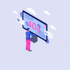 Poster - 404 error on laptop display isometric illustration. male developer trying to fix page not found prob