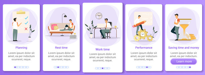 Poster - Time management onboarding mobile app screen vector template. Workflow organization. Manager planning work day. Walkthrough website steps with flat characters. UX, UI, GUI smartphone cartoon interface