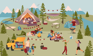 holidaymakers in summer camp flat vector illustration. friends, students on vacation in mountains. f