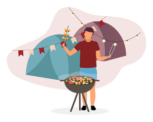 Wall Mural - summer camp barbeque flat vector illustration. hiker, camper frying sausages on bbq grill. husband, 