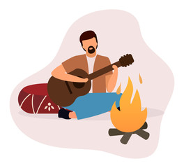 Wall Mural - man playing guitar near bonfire flat vector illustration. bearded camper, guitarist sitting near cam