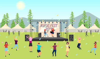 Poster - Music festival 2019 flat vector illustration. Open air live performance. Rock, pop musician concert, party in park, camp. Summertime fun outdoor activity. Dancing cartoon characters