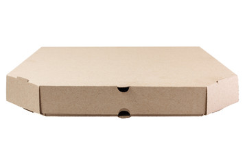 Close-up of a cardboard pizza box. Box isolated on a white background.