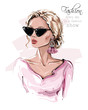 Hand drawn beautiful young woman in sunglasses. Stylish girl with earring. Fashion woman look. Sketch. Vector illustration.