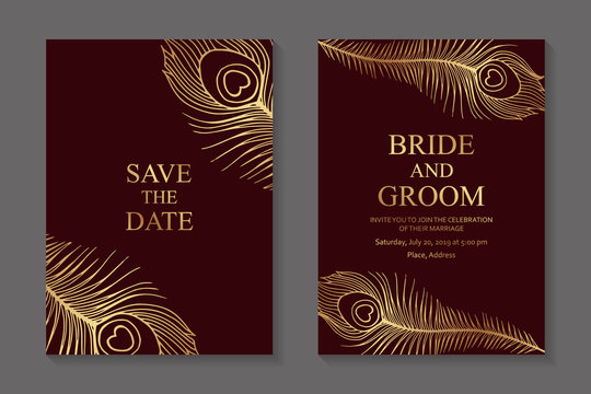 Wedding invitation design or greeting card templates with golden peacock feathers on a dark red background.