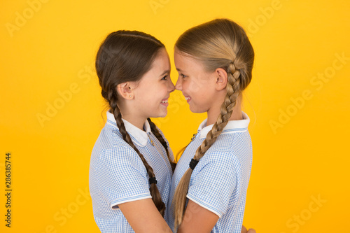Friendly Hug Cute Schoolgirls Girls Braided Hairstyle