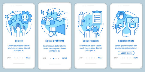 Sociology onboarding mobile app page screen with linear concepts. Society, social problems, conflicts walkthrough steps graphic instructions. Social research. UX, UI, GUI vector template with icons