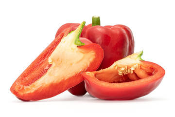 Group of one whole two slices of red bell pepper isolated on white background