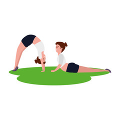 Wall Mural - beauty girls couple practicing pilates in grass