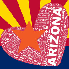 Arizona Flag Backdrop, Major City Names In Tag/word Cloud Form On Heart Shape, For Banner/poster/advertisement Etc