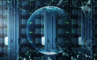 Poster - abstract blur virtual world with server room and sharp binary code ,big data storage network and clo