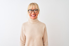 Middle Age Woman Wearing Turtleneck Sweater And Glasses Over Isolated White Background With A Happy And Cool Smile On Face. Lucky Person.