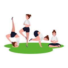 Wall Mural - beauty girls group practicing pilates in the grass