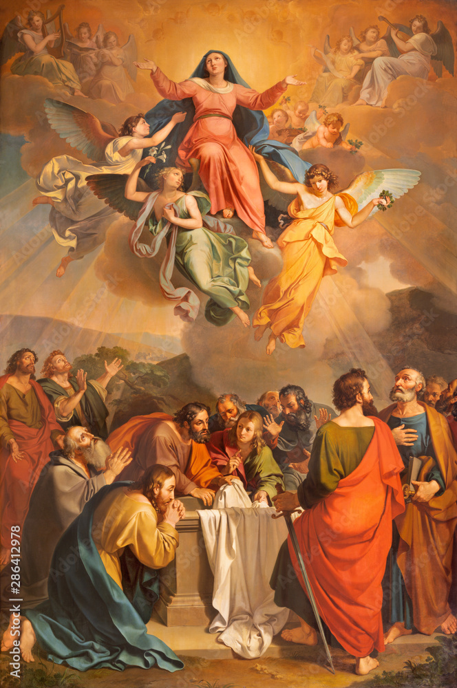 RIVA DEL GARDA, ITALY - JUNE 13, 2019: The painting Assumption in church Chiesa di Santa Maria Assunta by Giuseppe Craffonara (1830). - obrazy, fototapety, plakaty 