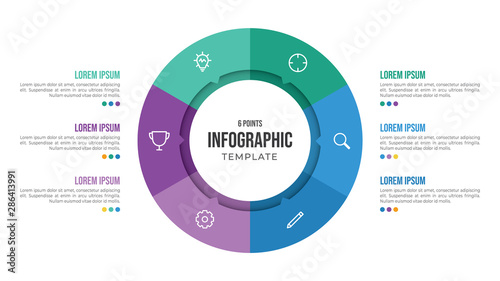 Fotomural 6 points circular infographic element template with icons and colorful flat styl