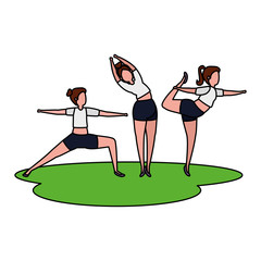 Wall Mural - beauty girls group practicing pilates in the grass