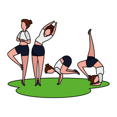 Wall Mural - beauty girls group practicing pilates in the grass