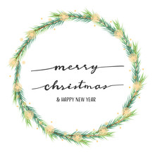 Hand Written Merry Christmas On Pine Leafs Star Light Wreath Frame Eps10 Vector Illustration