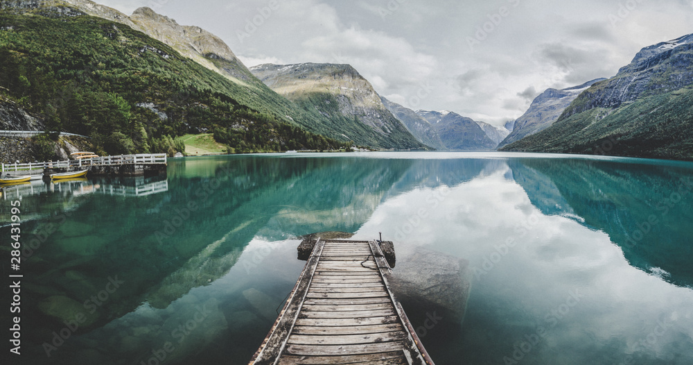 Lovatnet Lake views around Geiranger, in Norway - obrazy, fototapety, plakaty 