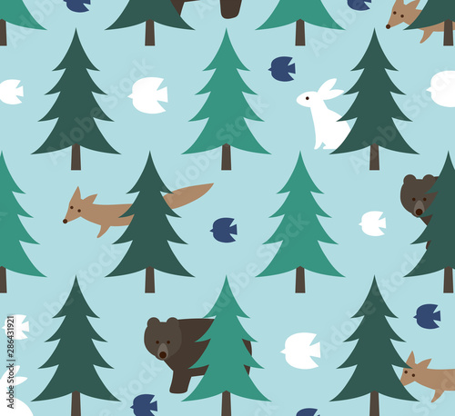 北欧の森と動物柄水色 Buy This Stock Vector And Explore Similar