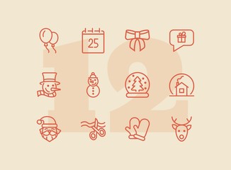 Sticker - Christmas time line icon set. Set of line icons on white background. Festive concept. Snowman, Santa Claus, calendar. Vector illustration can be used for topics like Christmas, new year, decoration