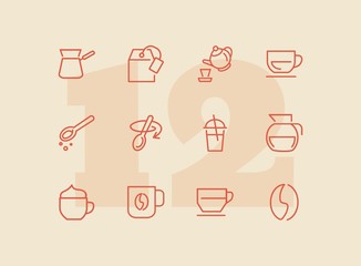 Poster - Drinks line icon set. Set of line icons on white background. Meal concept. Teapot, coffee, lemonade. Vector illustration can be used for breakfast, kitchen, cooking