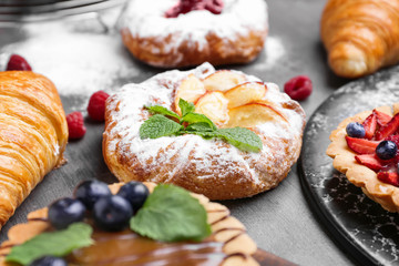 Assortment of sweet pastry on table, closeup