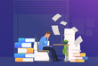 Office man getting through paper work. Mess, paper piles, employer. Unorganized office work concept. Vector illustration for webpage, landing page