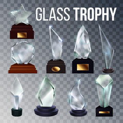 Poster - Different Form Collection Glass Trophy Set Vector. Glossy Award Trophy On Wooden And Plastic Stand With Blank Golden Nameplate. Reward For First Place Championship Template Realistic 3d Illustrations