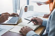 © Freedomz - Business team collaboration discussing working analyzing with financial data and marketing growth report graph in team, presentation and brainstorming to strategy planning making profit of company