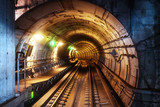 Fototapeta  - Riding the metro in Copenhagen, Denmark with motion blurred tube lines in tunnel
