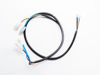 Top view wire connector and wires on a white background