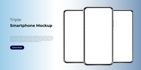 Wall Mural - triple realistic smartphone template mockup for user experience presentation. stylish concept design