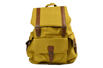 canvas backpack accessories isolated hipster background white. brown with yellow mustard canvas bag.