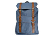 Canvas Backpack accessories isolated hipster background white. Blue with brown bag. Hand made backpack for travelers.