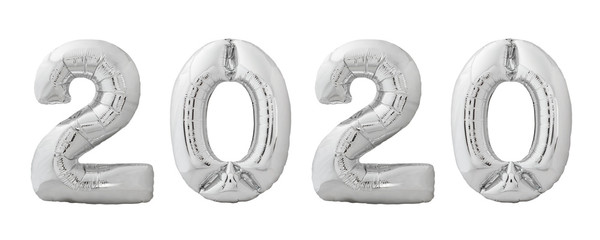 Christmas helium balloons 2020 made of silver chrome inflatable balloons isolated on white background. 2020 number for Happy New Year 2020