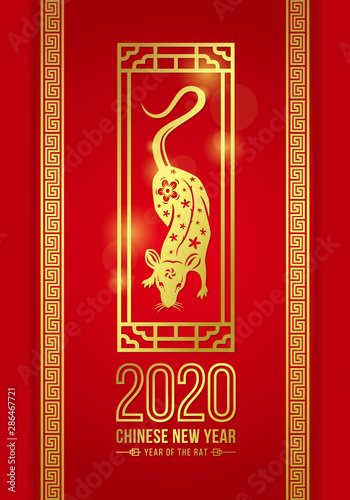 Happy Chinese New Year 2020 Banner Wiht Gold Rat Zodiac In Gold