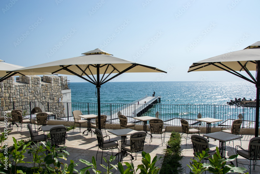 08/24/2019 View of the sea from the garden of the hotel Villa Chinka, St Constantine and Elena, Varna, Bulgaria, summer sea - obrazy, fototapety, plakaty 
