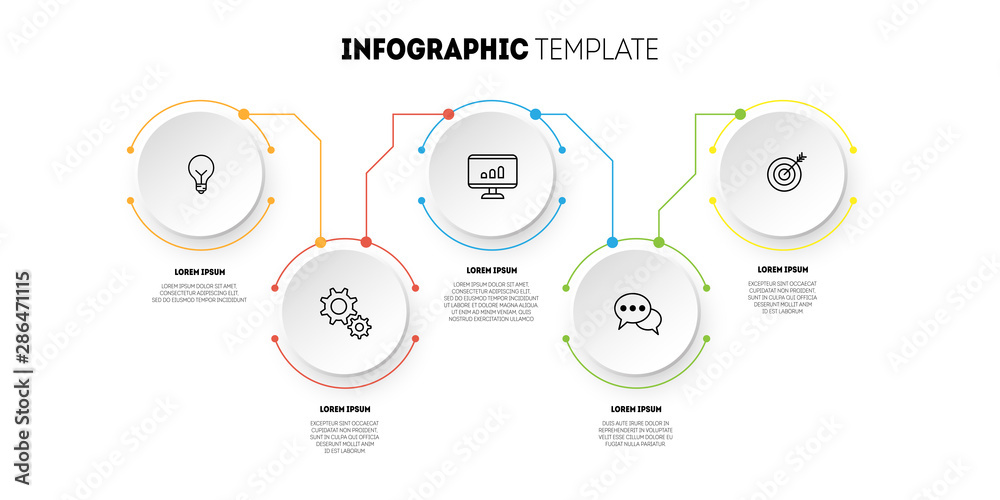Business infographics with 5 circular white elements connected by colored lines.  - obrazy, fototapety, plakaty 