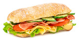 Fototapeta  - Ciabatta sandwich with lettuce, tomatoes prosciutto and cheese isolated on white background