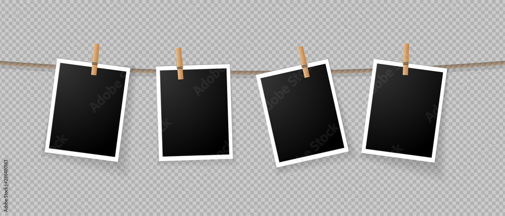 Realistic detailed photo icon design template. Photo frames hanging on the rope with clothespines - obrazy, fototapety, plakaty 