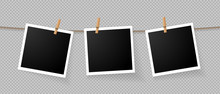 Realistic Detailed Photo Icon Design Template. Photo Frames Hanging On The Rope With Clothespines