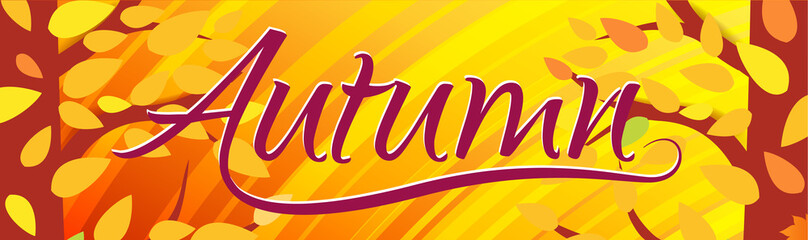 horizontal bright orange banner, hello autumn. autumn forest background with falling leaves. vector 