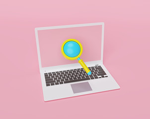 Poster - laptop and Magnifying glass. searching concept. 3d rendering
