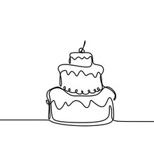 Continuous Line Drawing Birthday Cake With Candle. Symbol Of Celebration Happy Moment On White Background Vector Illustration Minimalism.