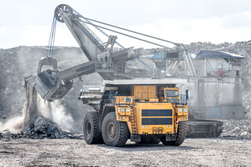 Wall Mural - Ore loading with a powerful excavator. Loading a large mining truck.