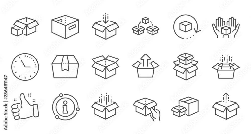 Box line icons. Package, delivery boxes, cargo box. Cargo distribution, export boxes, return parcel icons. Shipment of goods, open package. Linear set. Quality line set. Vector - obrazy, fototapety, plakaty 
